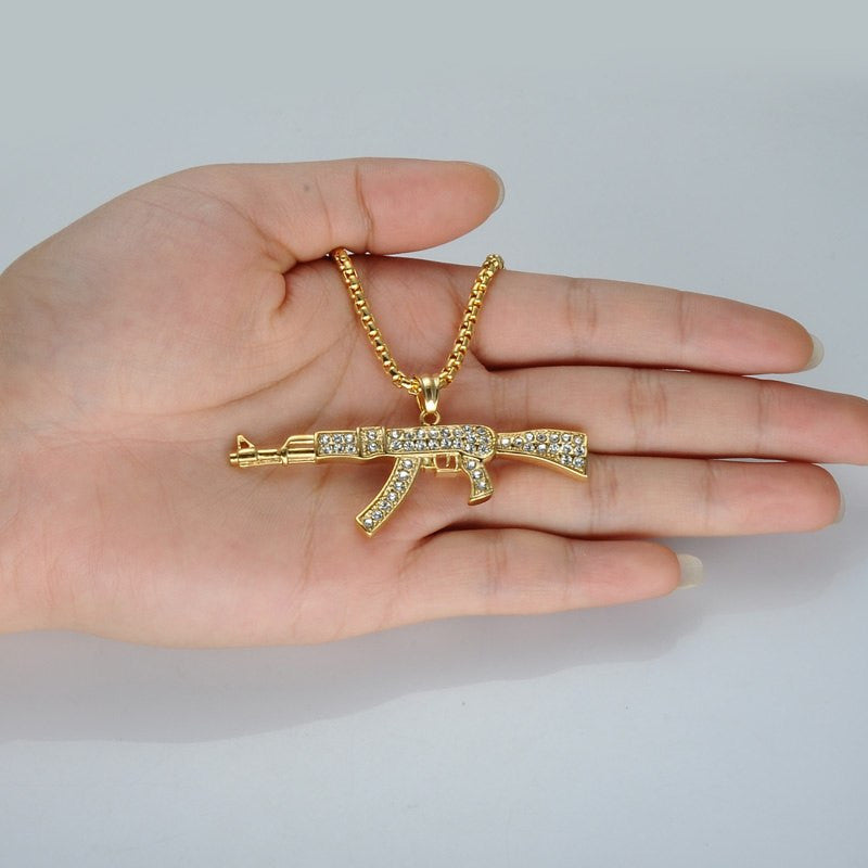 Flooded Ice AK47 Chopper Gun 14k Gold Stainless Steel Pendant Chain Necklace