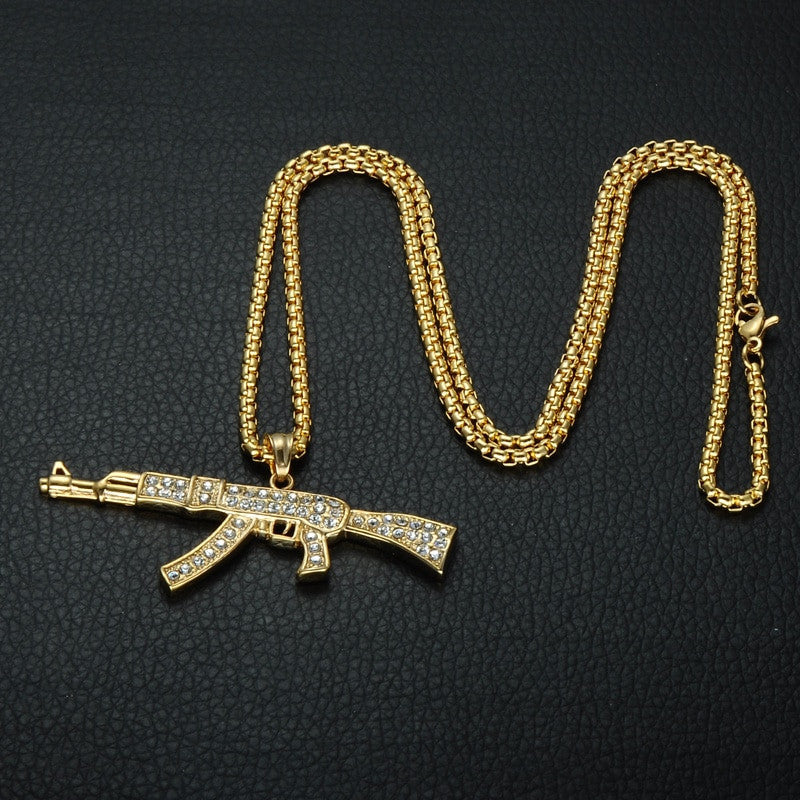 Flooded Ice AK47 Chopper Gun 14k Gold Stainless Steel Pendant Chain Necklace