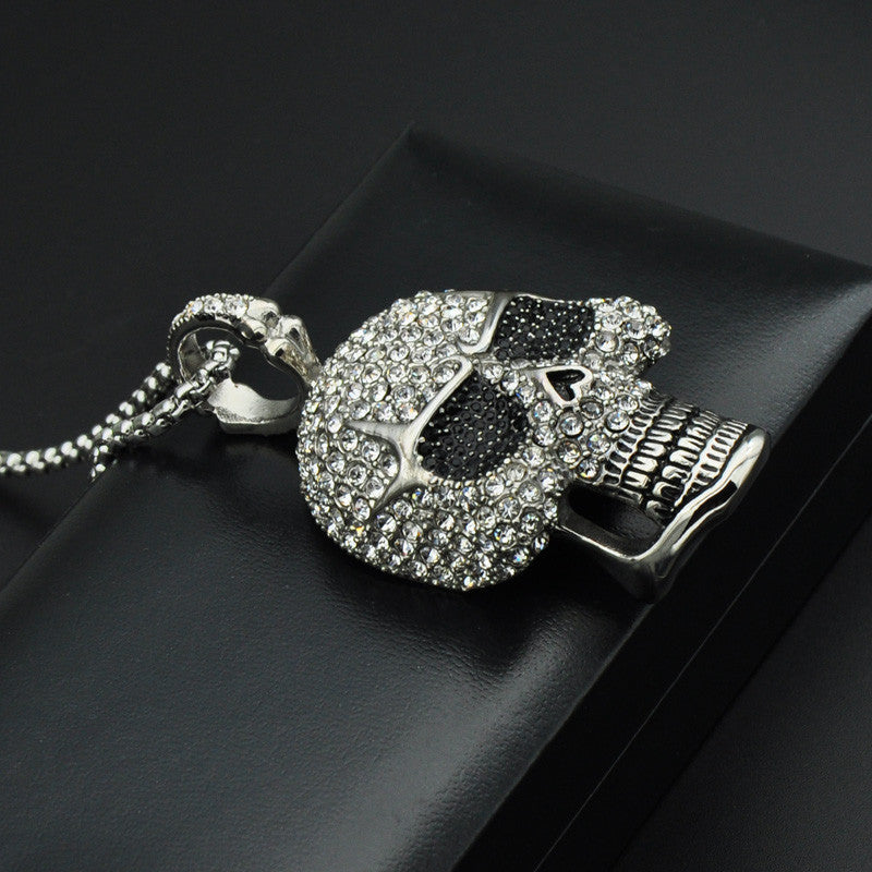 Hip Hop Titanium Stainless Steel Ice Out Full Micro Pave Simulate Diamond Skeleton Skull Chain Pendant