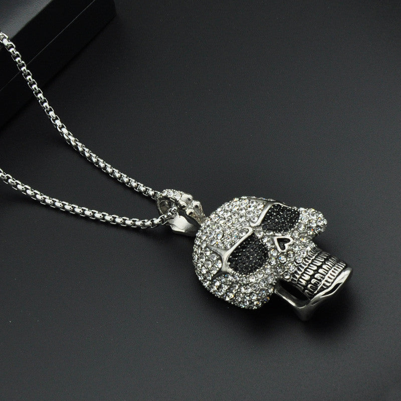 Hip Hop Titanium Stainless Steel Ice Out Full Micro Pave Simulate Diamond Skeleton Skull Chain Pendant