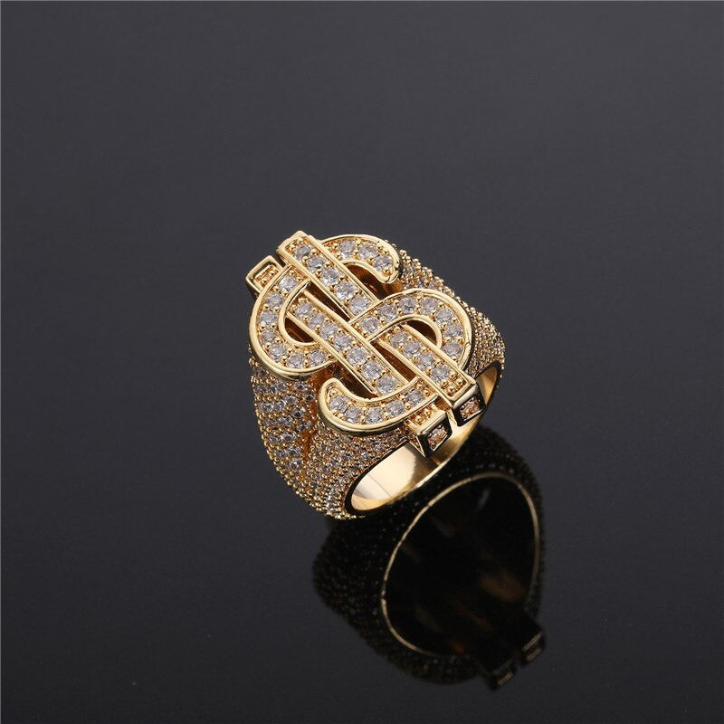 14k Yellow White Gold Flooded Ice Cash Money Dollar Sign Hip Hop AAA Bling Rings