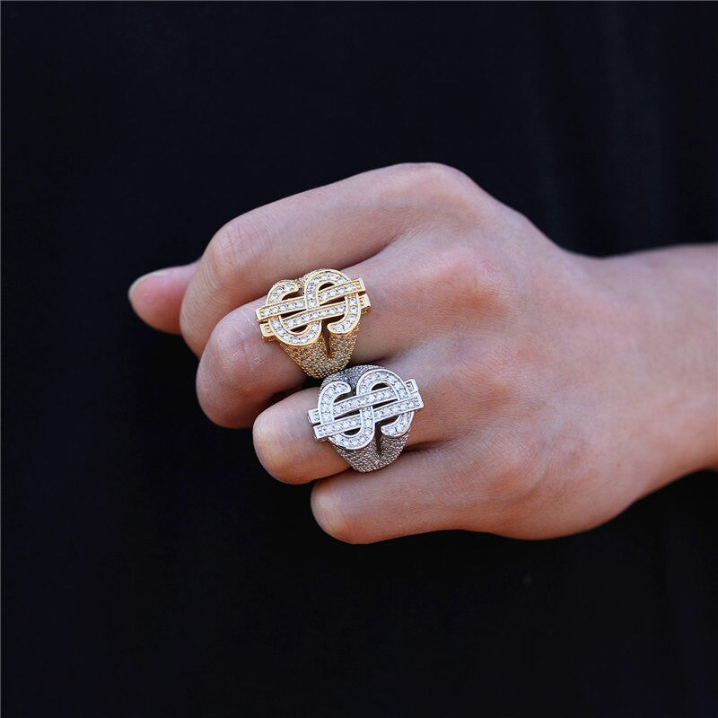 14k Yellow White Gold Flooded Ice Cash Money Dollar Sign Hip Hop AAA Bling Rings