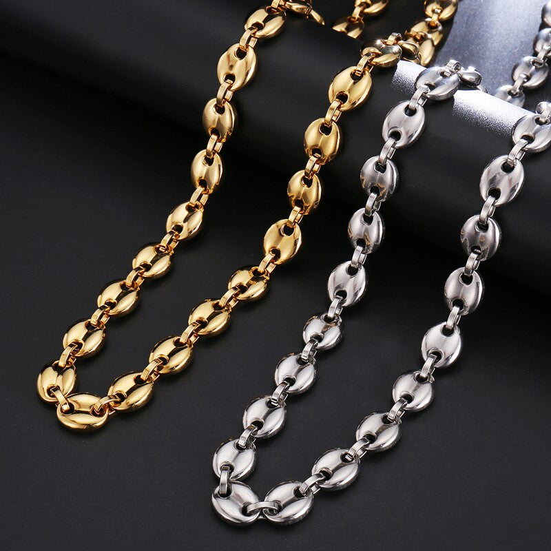 11MM G Link Coffee Beans Stainless Steel 14k Gold Silver Hip Hop Chain Bracelet Jewelry Set