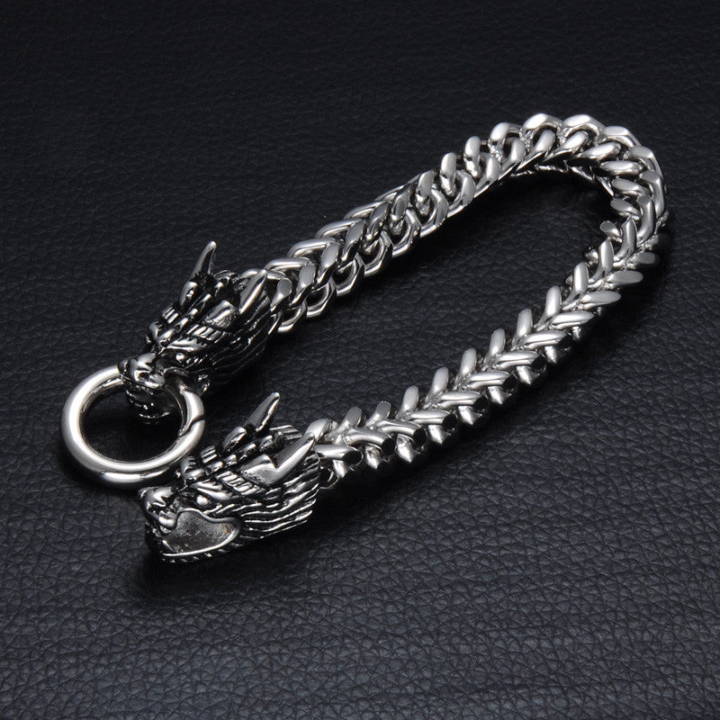 Mens 316L Stainless Steel Foxtail Chinese Style Dragon Chain Bracelet