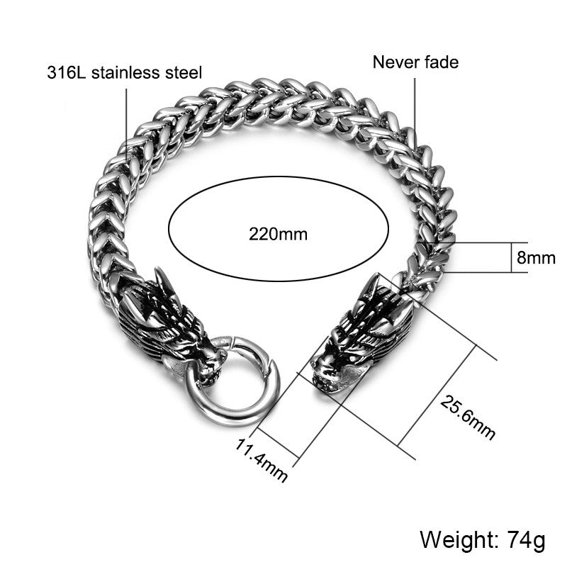Mens 316L Stainless Steel Foxtail Chinese Style Dragon Chain Bracelet