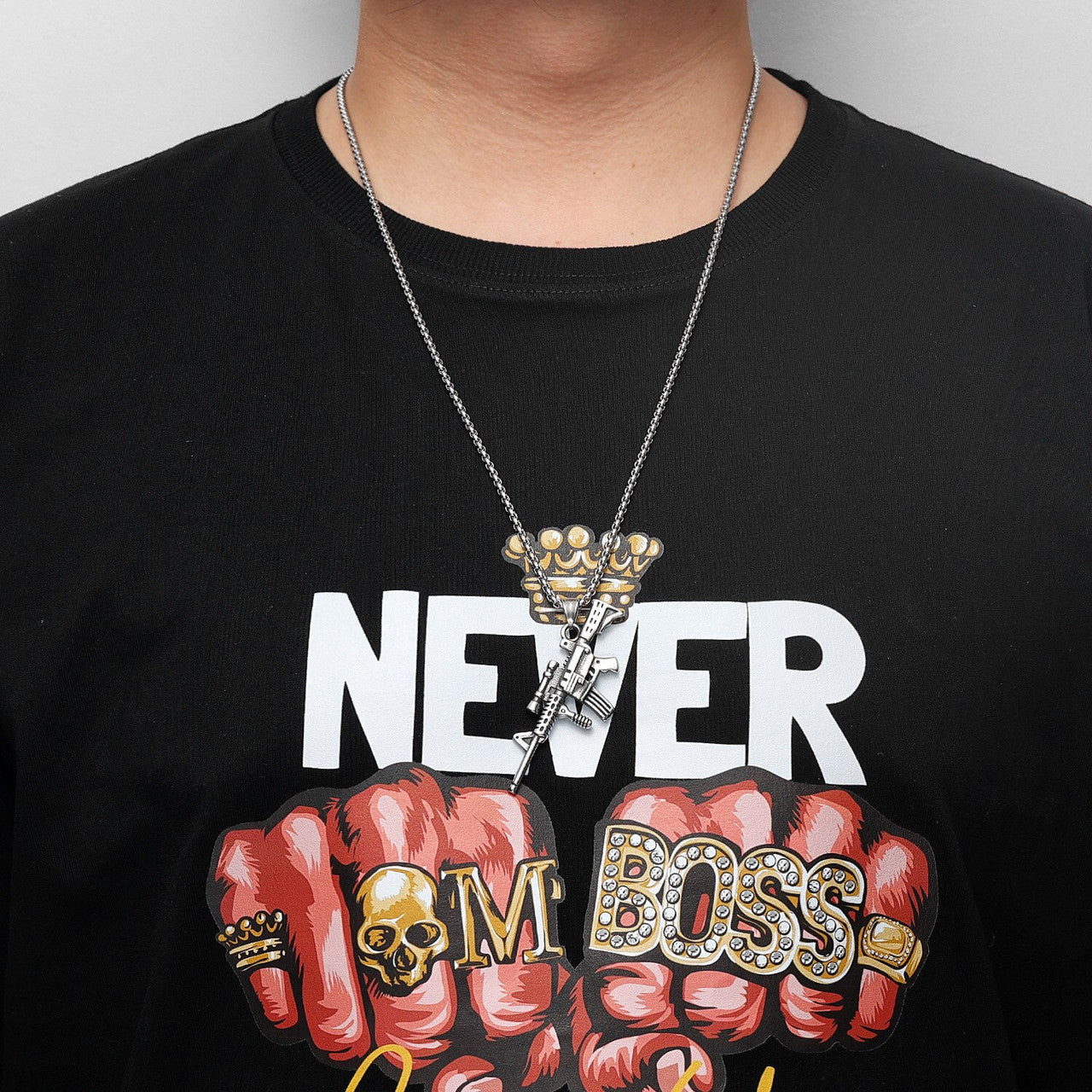 Mens No Fade 316L Stainless Steel HK416 Semi Auto Hip Hop Pendant Chain Necklace