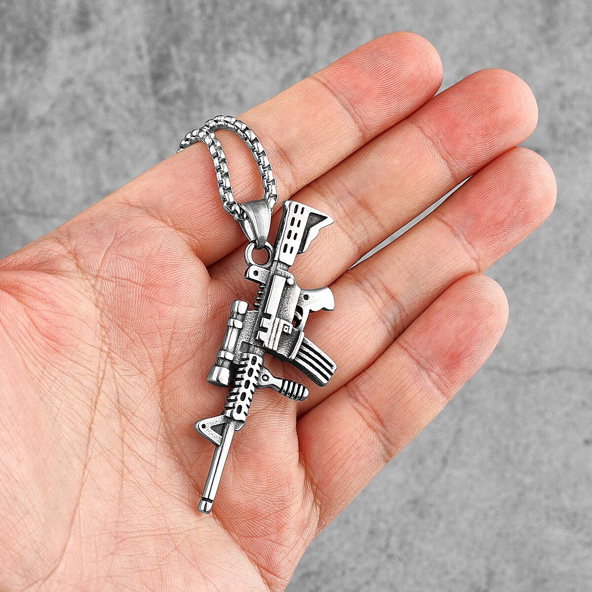 Mens No Fade 316L Stainless Steel HK416 Semi Auto Hip Hop Pendant Chain Necklace