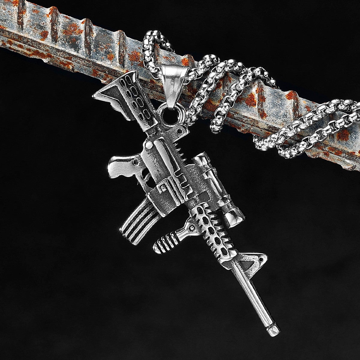 Mens No Fade 316L Stainless Steel HK416 Semi Auto Hip Hop Pendant Chain Necklace