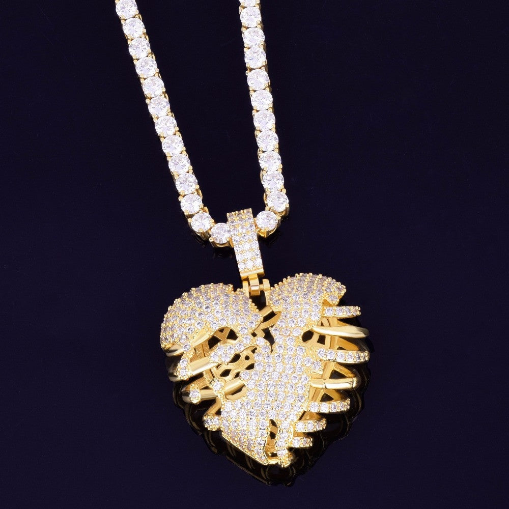 AAA True Micro Pave 18k Gold .925 Silver Skeleton Heart Pendant Chain Necklace