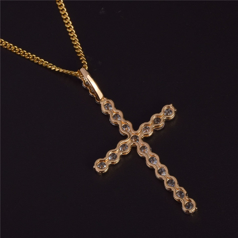 22k Gold .925 Silver AAA Micro Pave Bling Bling All Ice Cross Chain Pendant