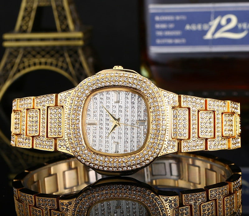 Famous Flooded Ice Diamond Simulate Stainless Steel Timepiece 18k Gold Silver Rose Gold Bling Watch