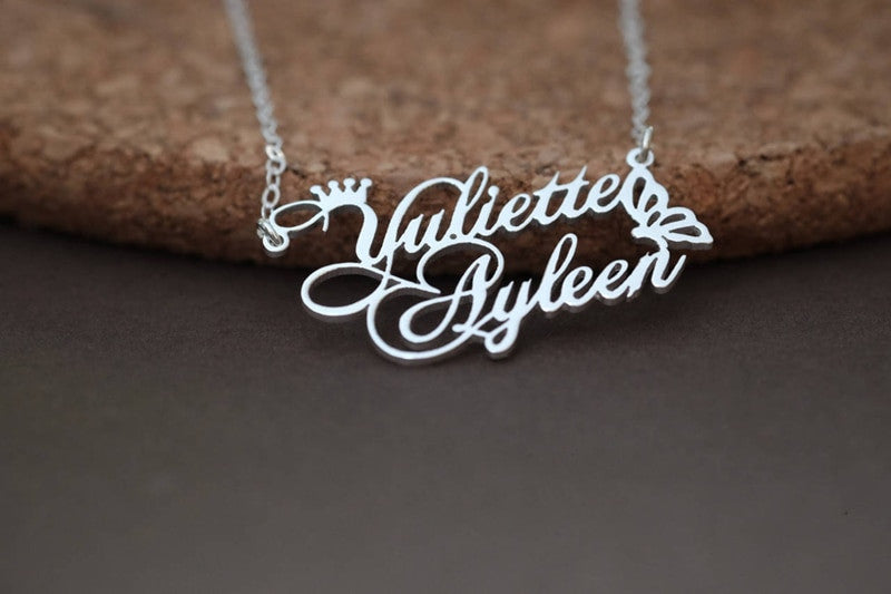 Ladies Butterfly Queen Crown Custom Name Platinum 18k Rose Gold Stainless Steel Necklace