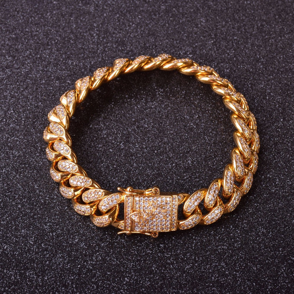 14MM Mens Curb Cuban Link Hip Hop Jewelry Gold Silver Thick Heavy Flooded Ice Bracelet