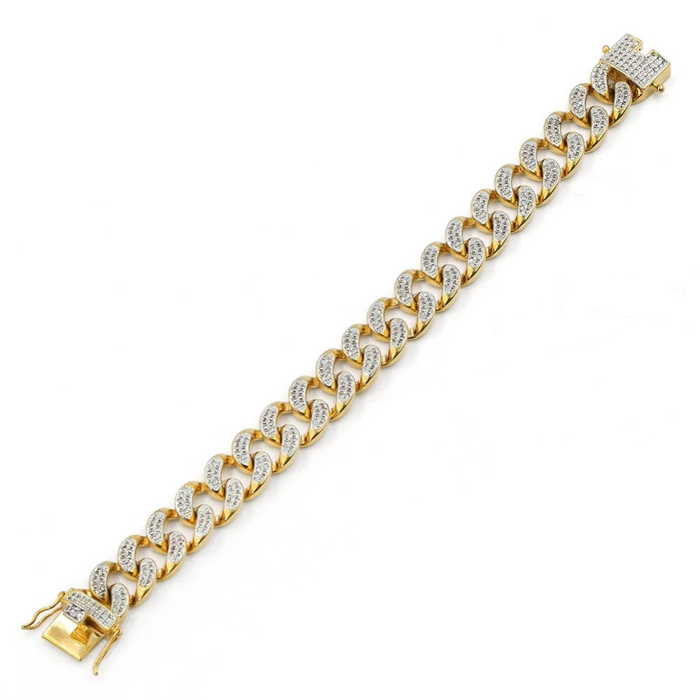 Hip Hop 14mm AAA True Micro Pave Flooded Ice Gold Silver Cuban Link Bracelet
