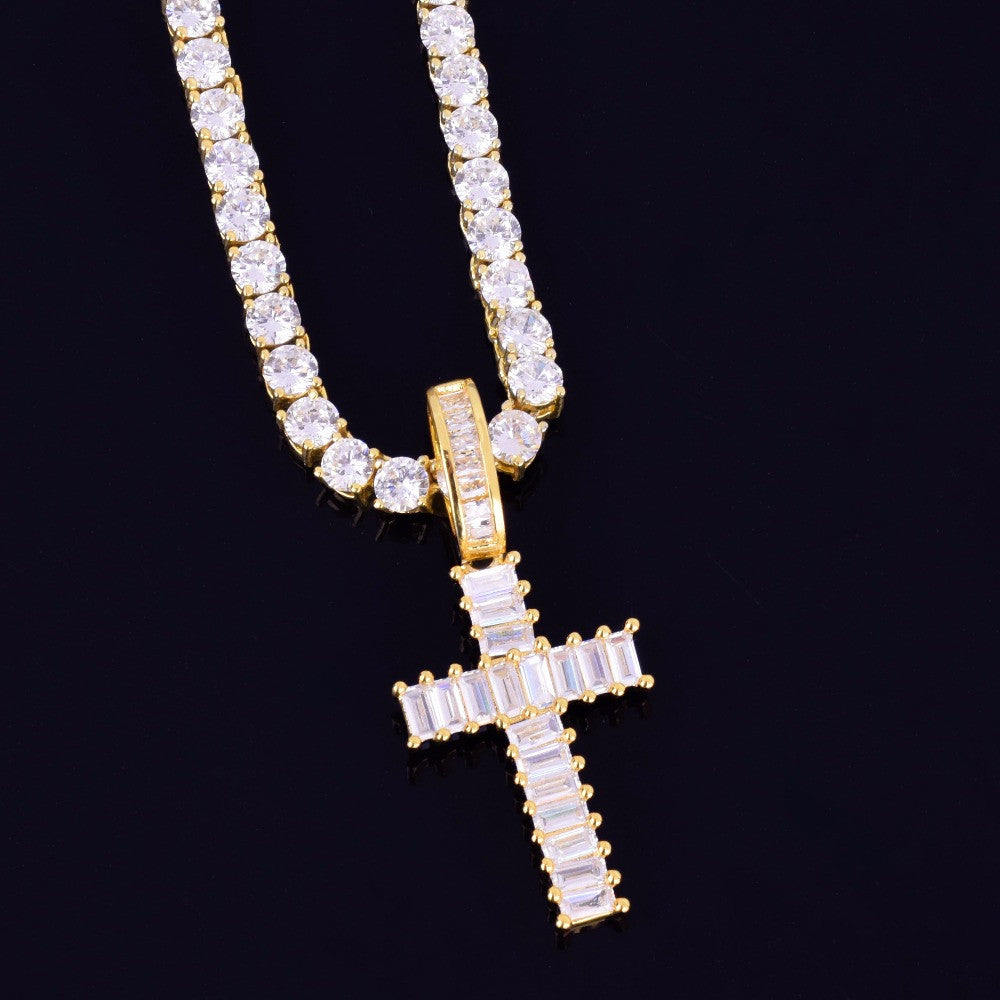 Mini Baguette 18k Gold .925 Silver Rose Gold AAA Micro Pave Cross Pendant Chain Necklace