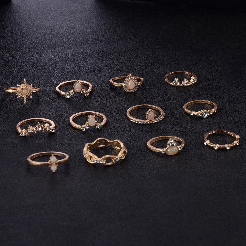 Ladies 12Pcs Bohemian Crystal Queen Water Drop Gold Crystal Ring Set