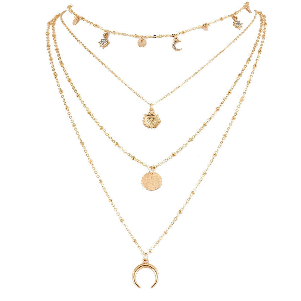 Crystal Stars Moon Tarot Symbol Boho Fashion Gold 4 Piece Necklace Set