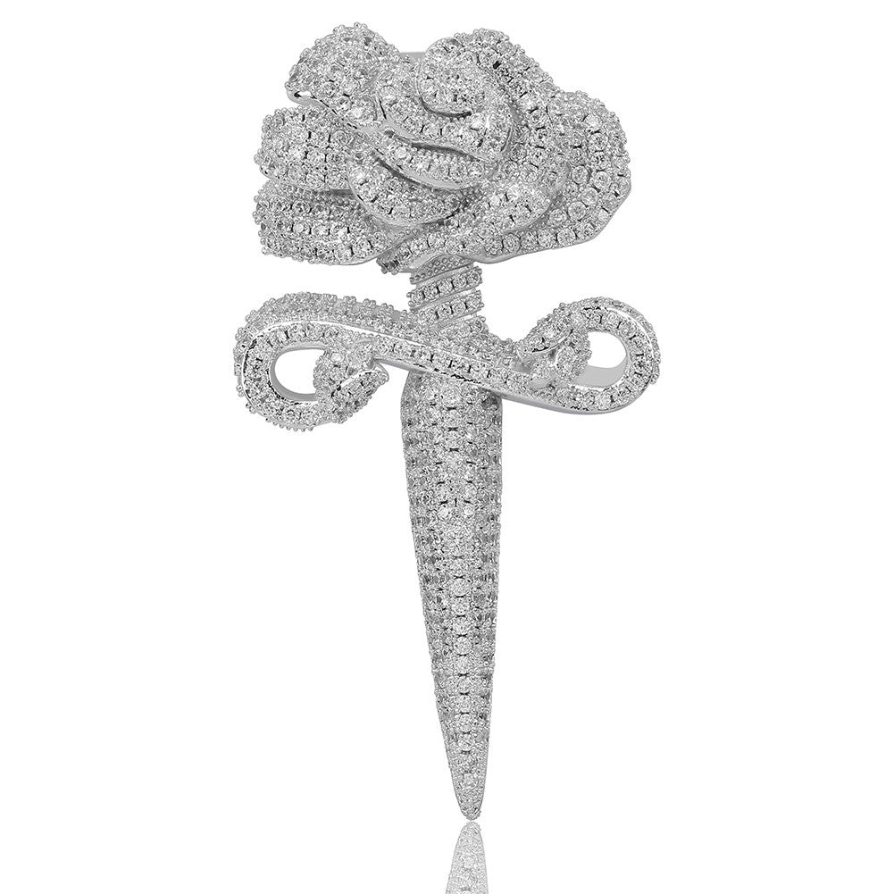 Love and War Flooded Ice Rose Flower Dagger 14k Gold 925 Silver Hip Hop Pendant Chain Necklace