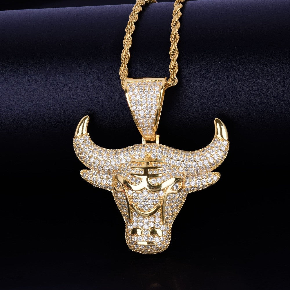 18k Gold .925 Silver Micro Paved AAA Stone Bull Head Tau Pendant Chain Necklace
