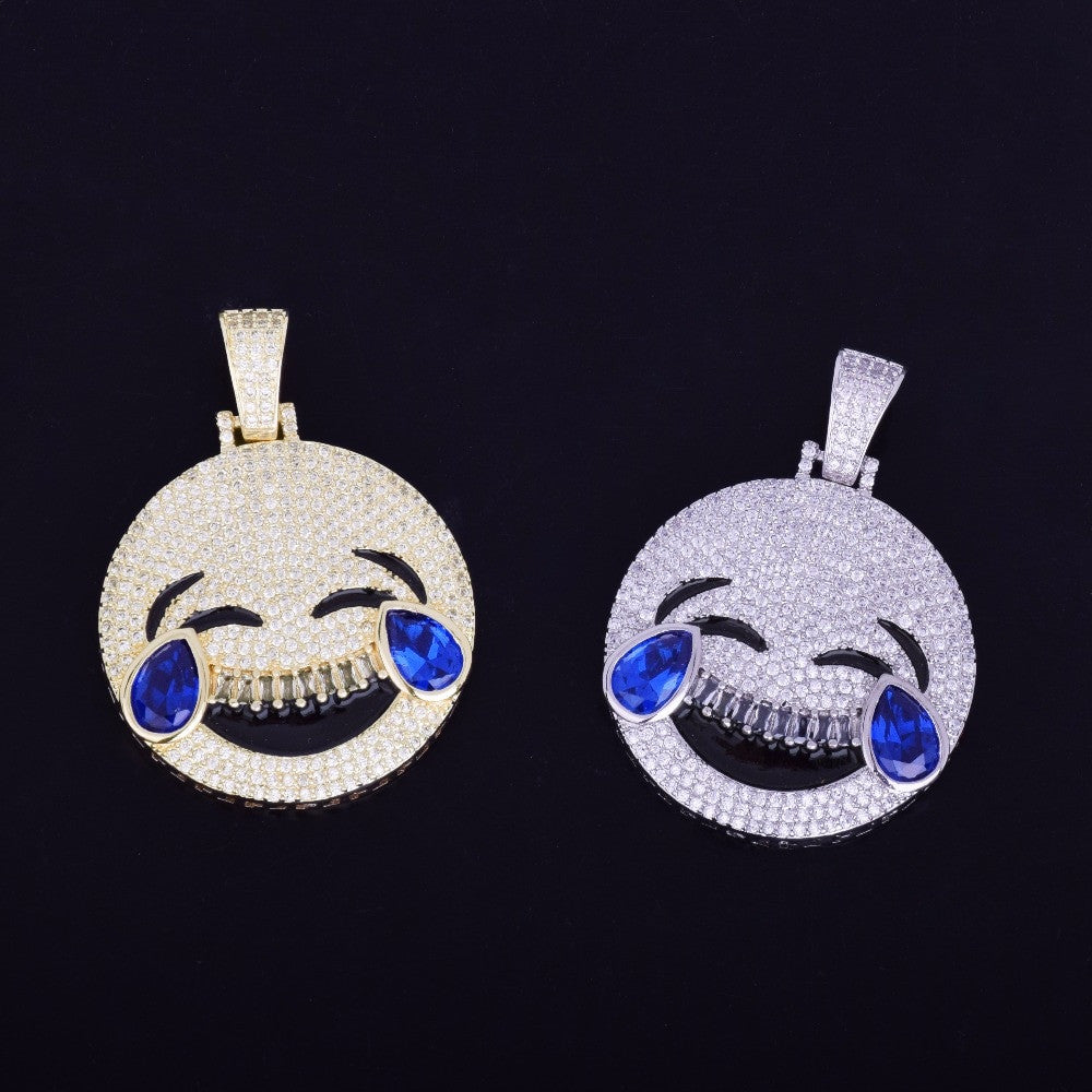 18k Gold .925 Silver AAA Micro Pave Laugh Cry Hip Hop Iced Emoji Pendant Chain Necklace