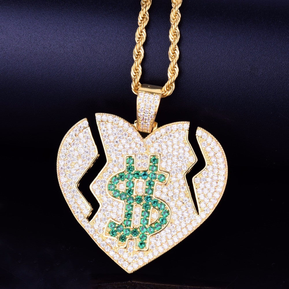 Money Heals Broken Heart 18k Gold .925 Silver Bling AAA True Micro Pave Pendant Chain Necklace