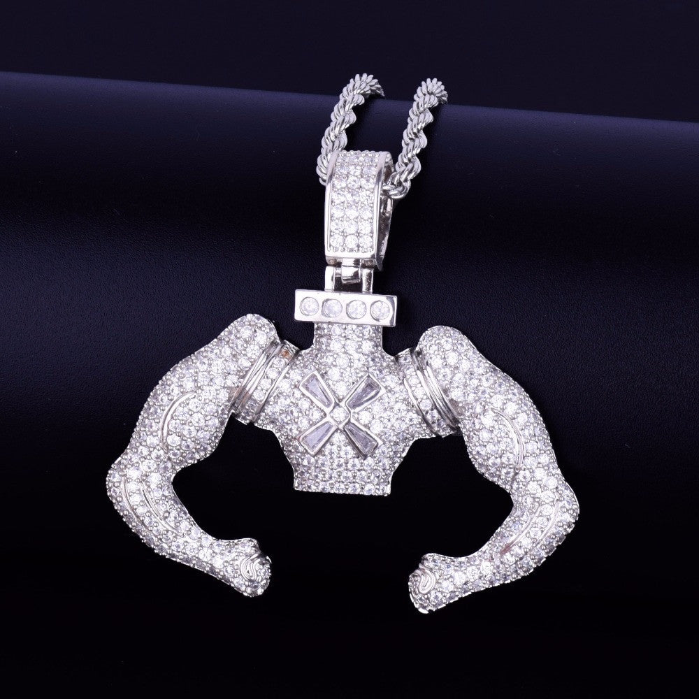18k Gold .925 Silver Strong Armed Flexing Hip Hop Pendant Chain