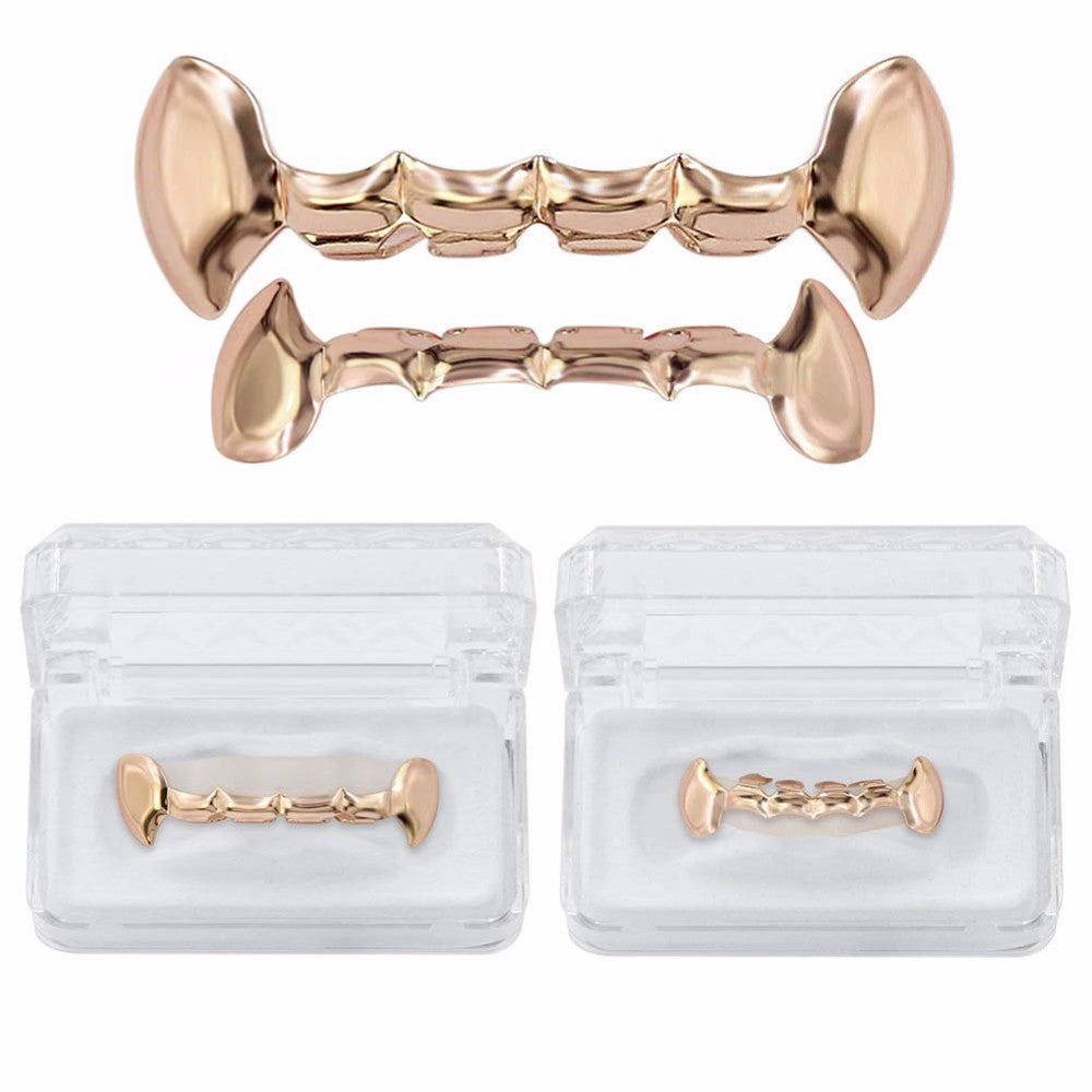 Gold Silver Rose Gunmetal Fang Slim Grillz Top Bottom Set