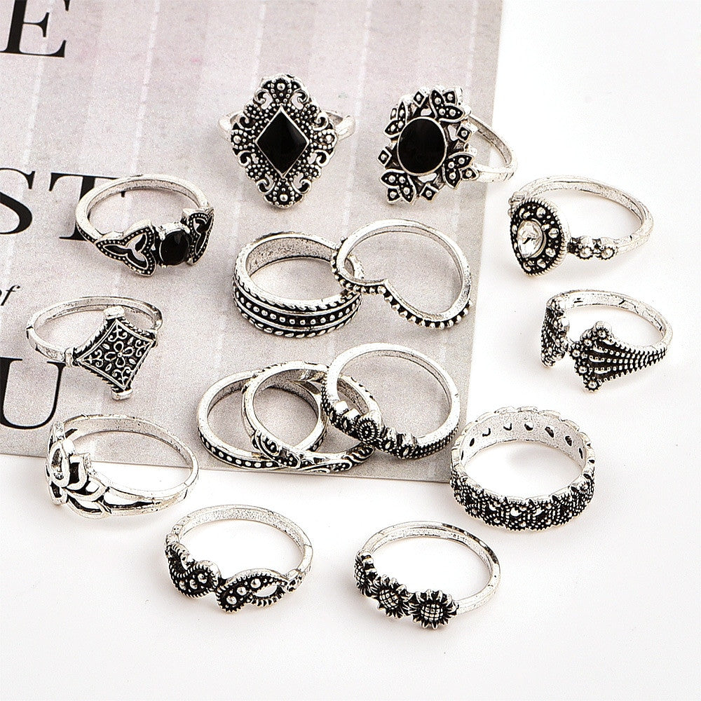 Ladies 15Pcs Bohemian Crystal Flower Leaves Hollow Lotus Silver Ring Set
