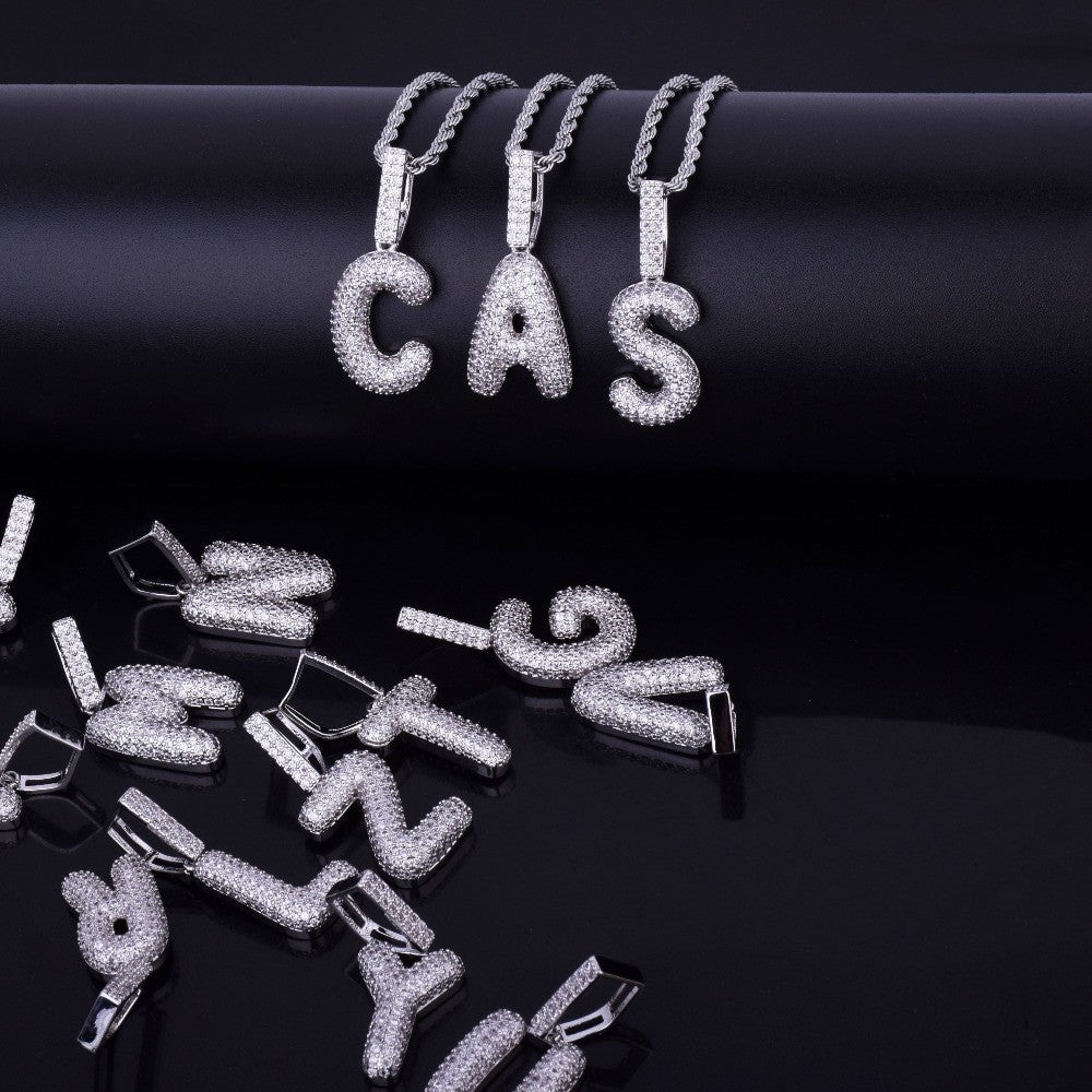 Iced Small Rose Gold Silver Micro Pave Lab Diamond Bubble Letter Hip Hop Pendant Chain Necklaces