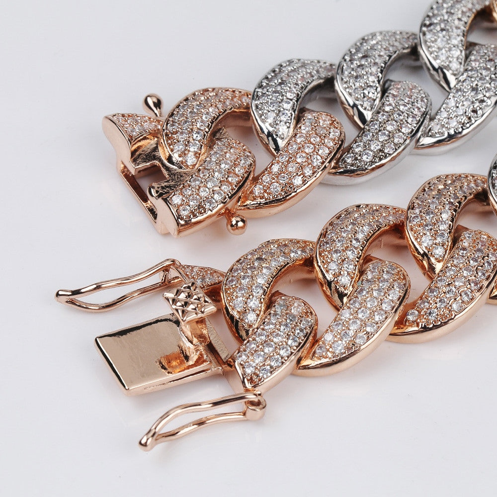 Miami Cuban Link 18MM AAA Micro Pave Hip Hop Silver Rose Gold Chain Necklace