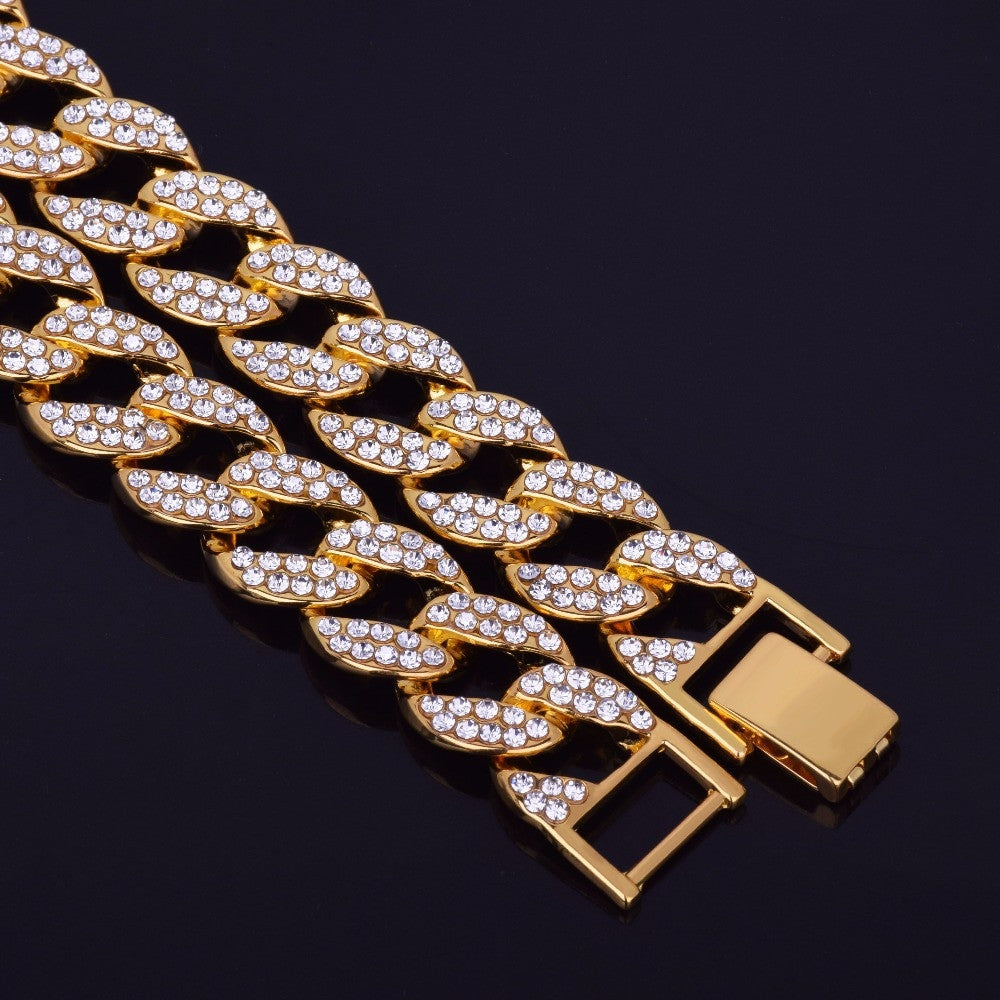 14k Gold .925 Silver Mens Hip Hop Handset Set AAA Stone Cuban Link Bracelet