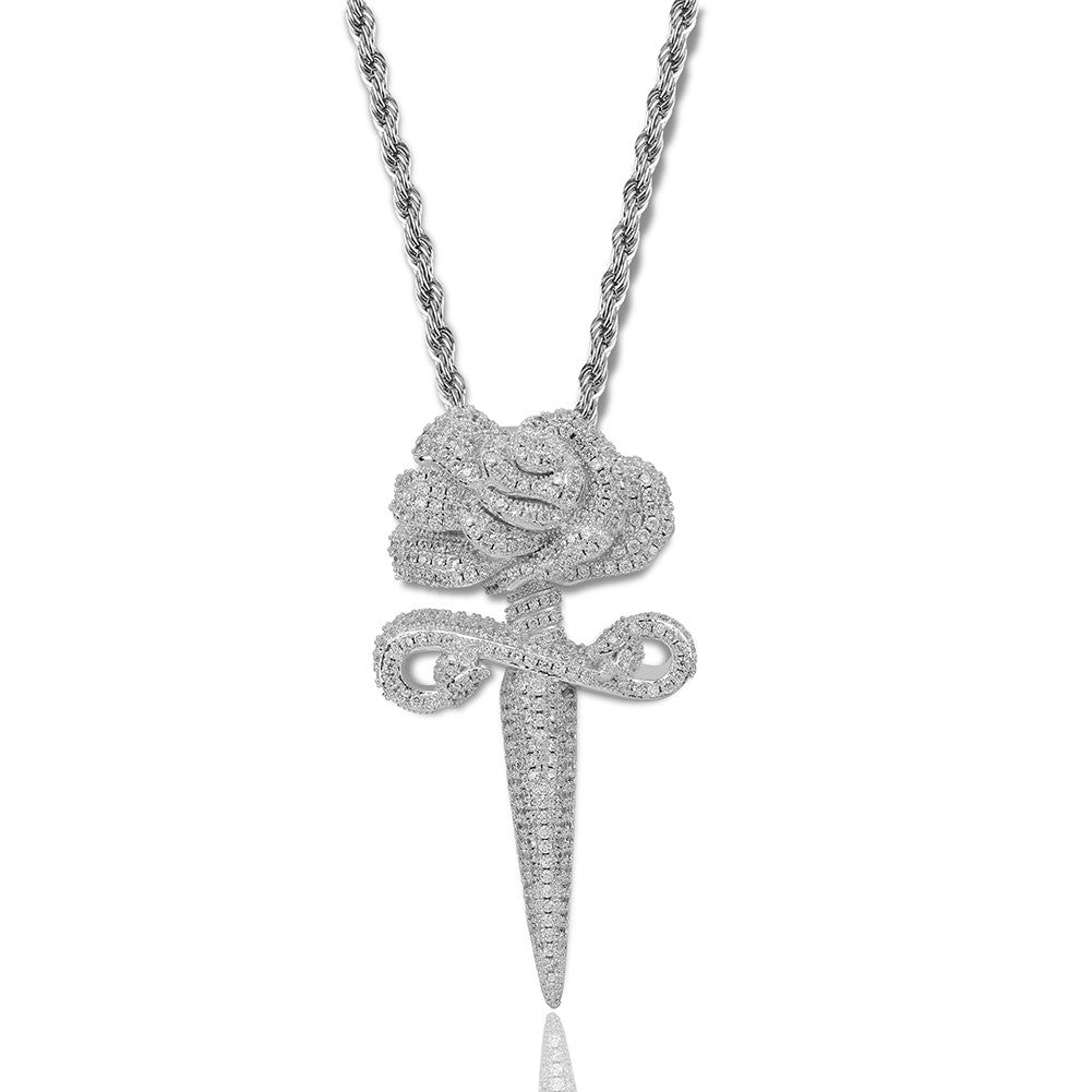 Love and War Flooded Ice Rose Flower Dagger 14k Gold 925 Silver Hip Hop Pendant Chain Necklace