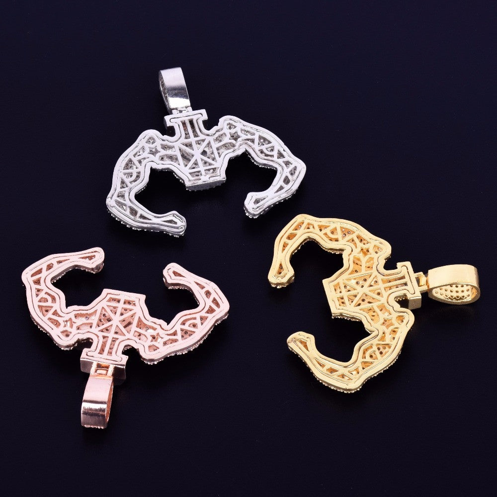 18k Gold .925 Silver Strong Armed Flexing Hip Hop Pendant Chain Necklace