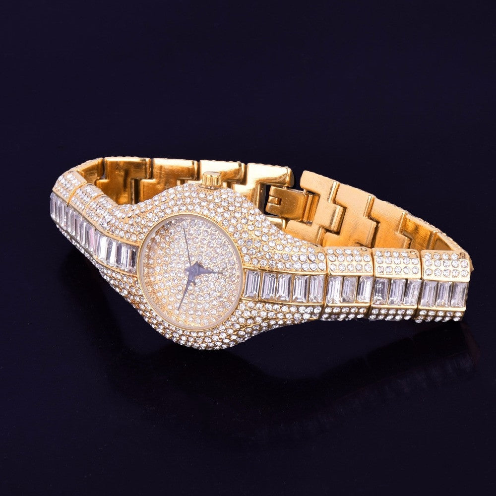 Ladies AAA Micro Pave Luxury Clear Baguette Iced Gold Stainless Steel Bling Watch