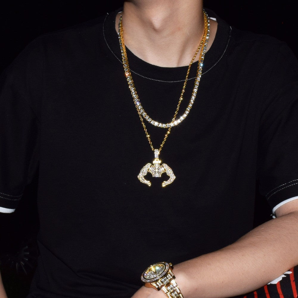 18k Gold .925 Silver Strong Armed Flexing Hip Hop Pendant Chain Necklace