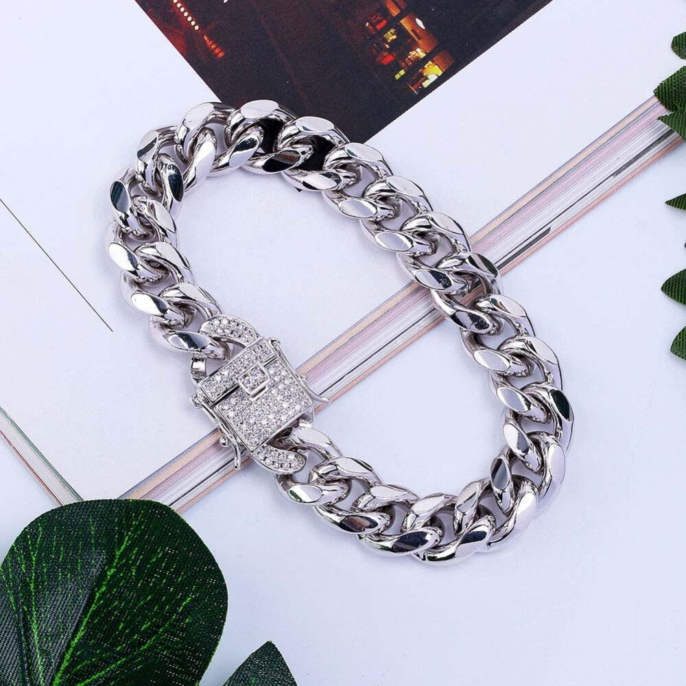 Hip Hop Casual 12mm 14k Gold over Stainless Steel Cuban Chain Bracelet With 1ct  Simulate Diamond Clasp