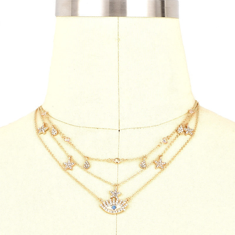 Ladies Stars Water Drops All Seeing Eye Crystal Gem 3 Piece Boho Necklace Set Gold