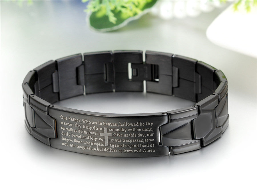 Polished Black Stainless Steel Mens Lords Prayer High Fashion Bracelets
