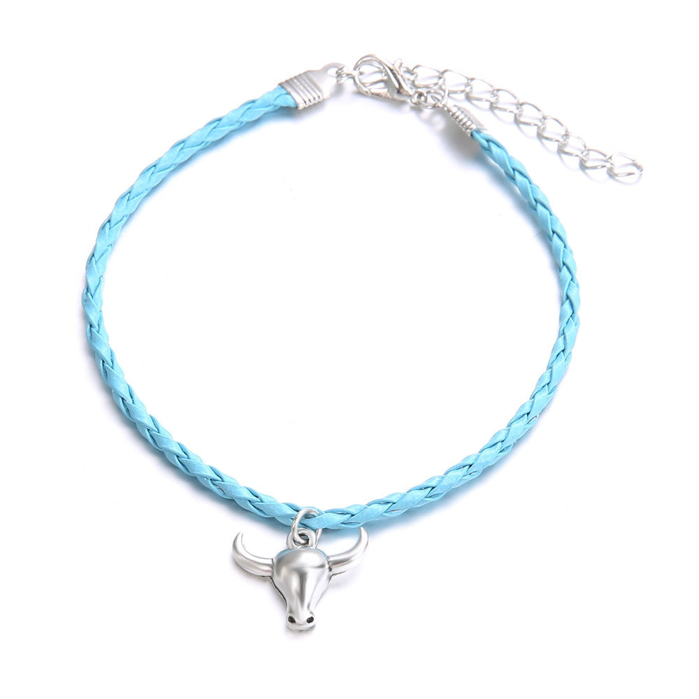 Boho Personality Girl Gold Silver Bull Skull Colorful Leather Braided Bracelet Set