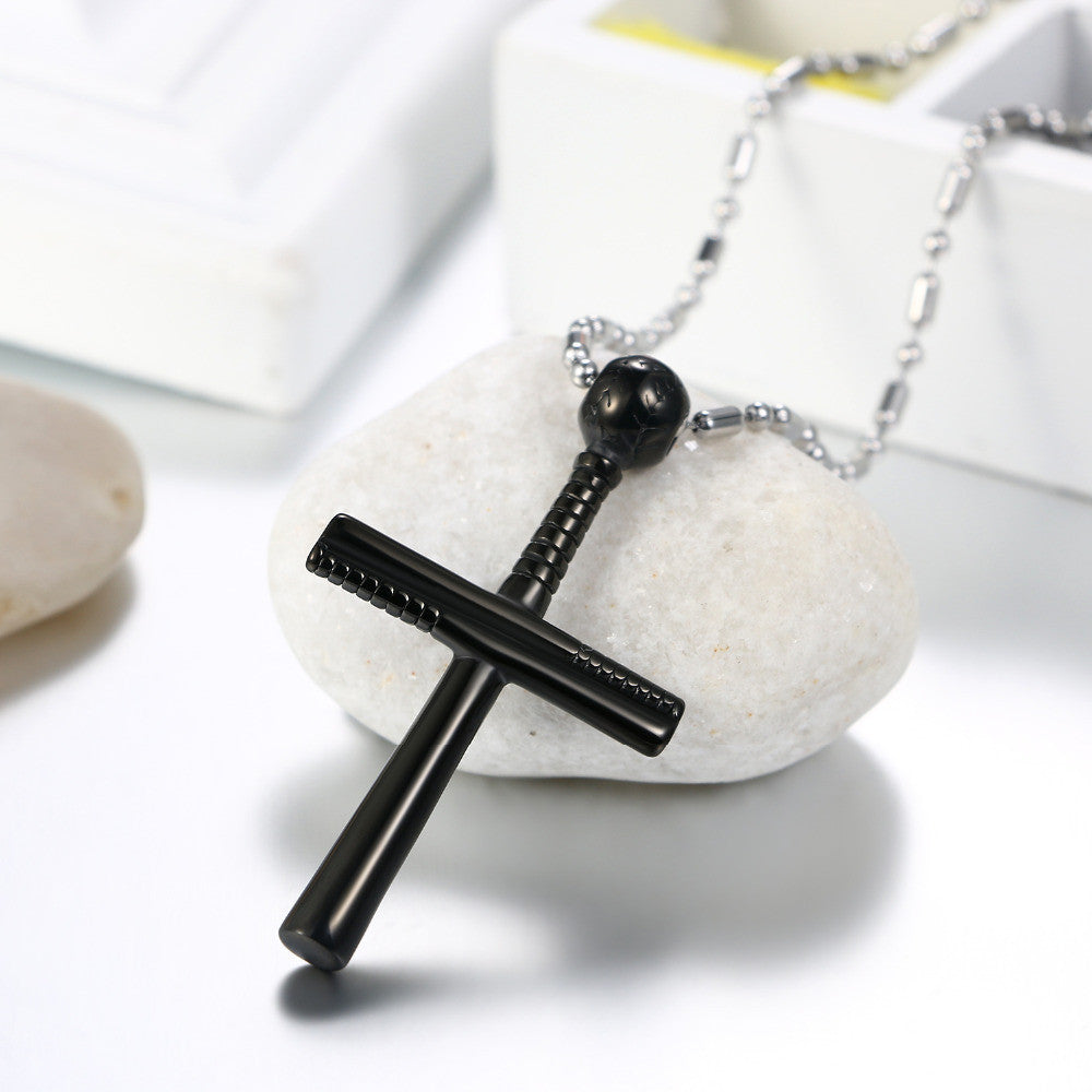 Men&#39;s No Fade Stainless Steel Casual Street Wear Baseball Bat Cross Pendant Chain Necklace