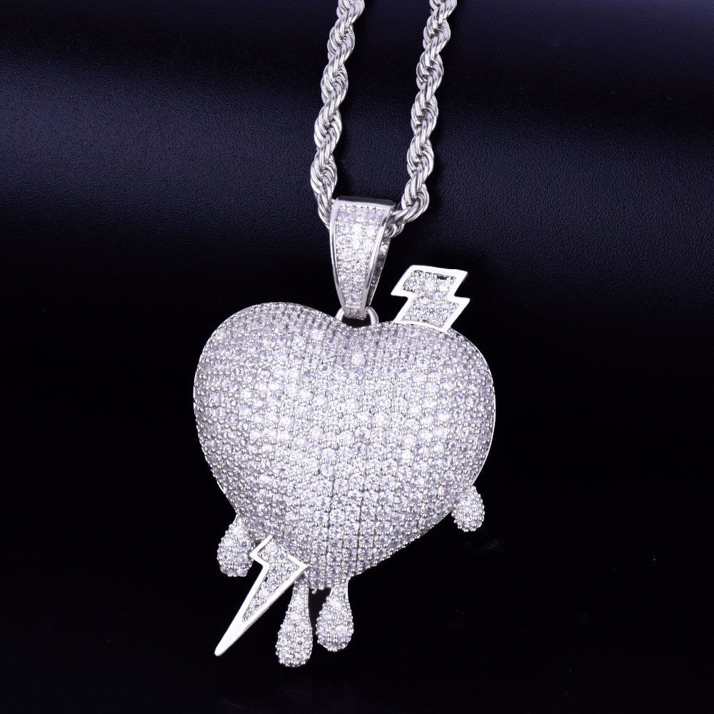 Silver 18k Rose Gold Drip Drop AAA Micro Pave Hip Hop Lightning Heart Pendant Chain Necklace