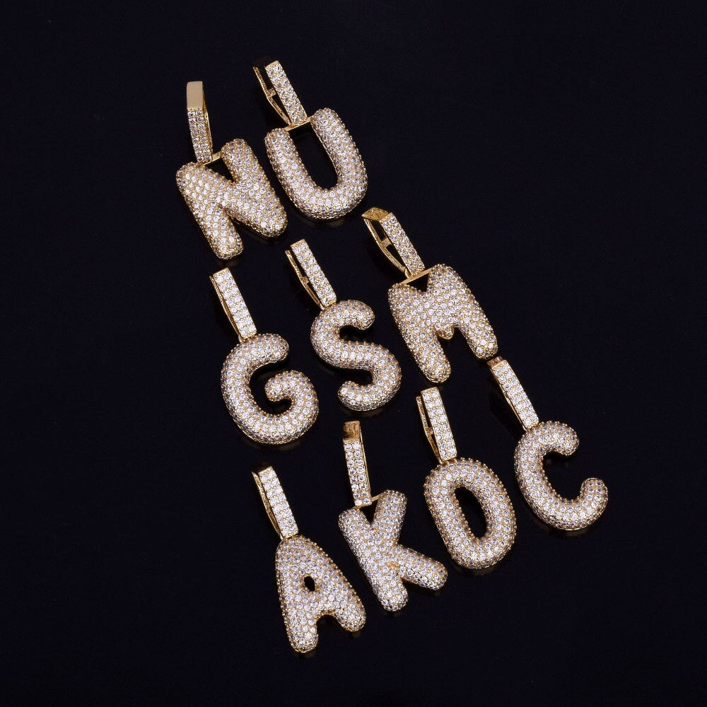 Iced Small Rose Gold Silver Micro Pave Lab Diamond Bubble Letter Hip Hop Pendant Chain Necklaces