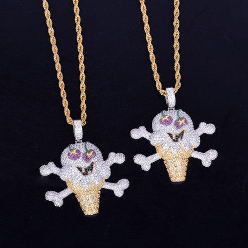 Micro Pave AAA Micro Pave 18k Gold Silver Pirate Skeleton Skull Ice Cream Pendant Chain Necklace