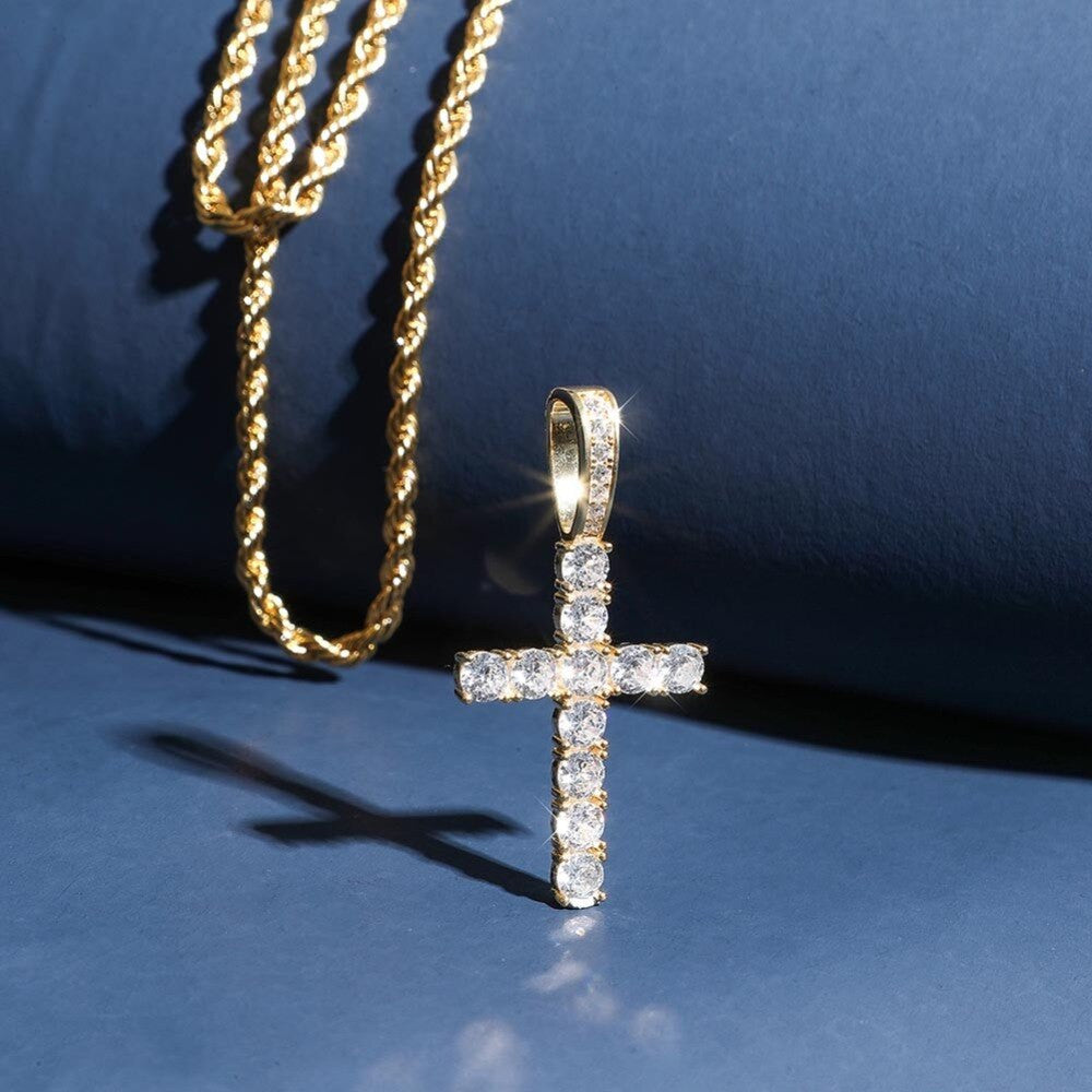 AAA Micro .925 Solid Sterling Silver Ultra Ice Bling Cross Pendant Chain Necklace