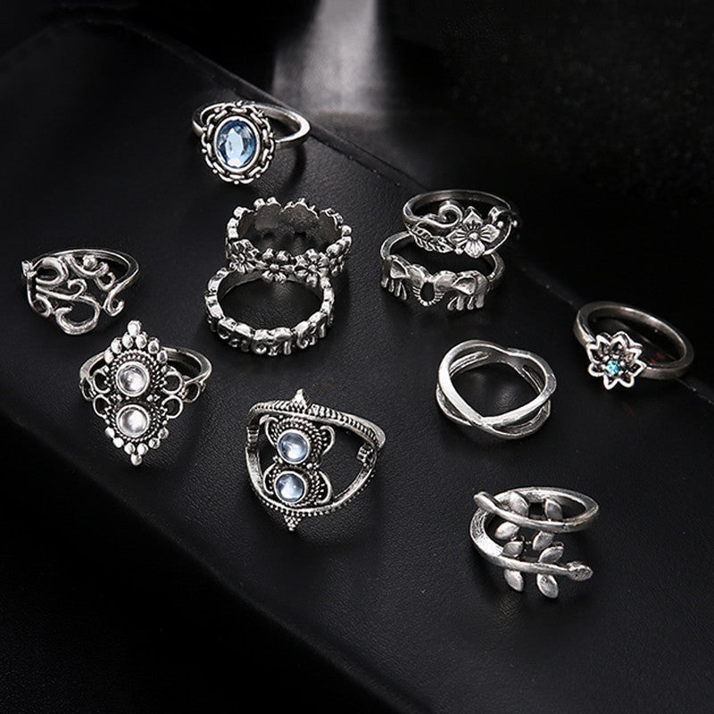 11 Piece Retro Boho Elephant Flower Twisted Leaves Cross Gem Ring Set