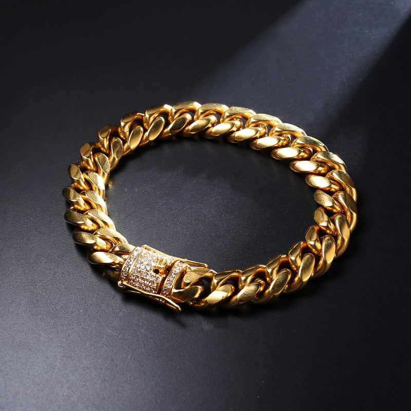 14mm Hip Hop Men's Iced Clasp Stainless Steel Miami Cuban Link Bracelet