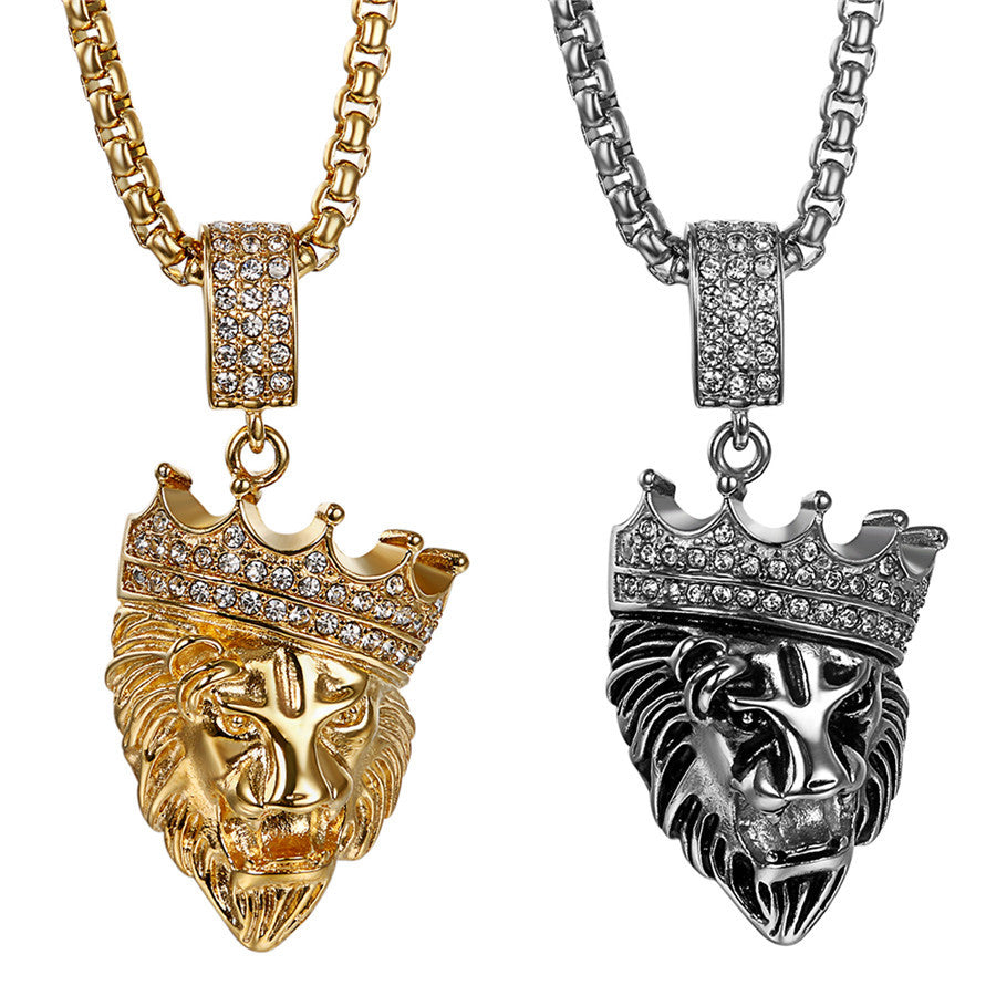 Mens Hip Hop No Fade Stainless Steel King Crown Lion Bling Pendant Chain Necklace