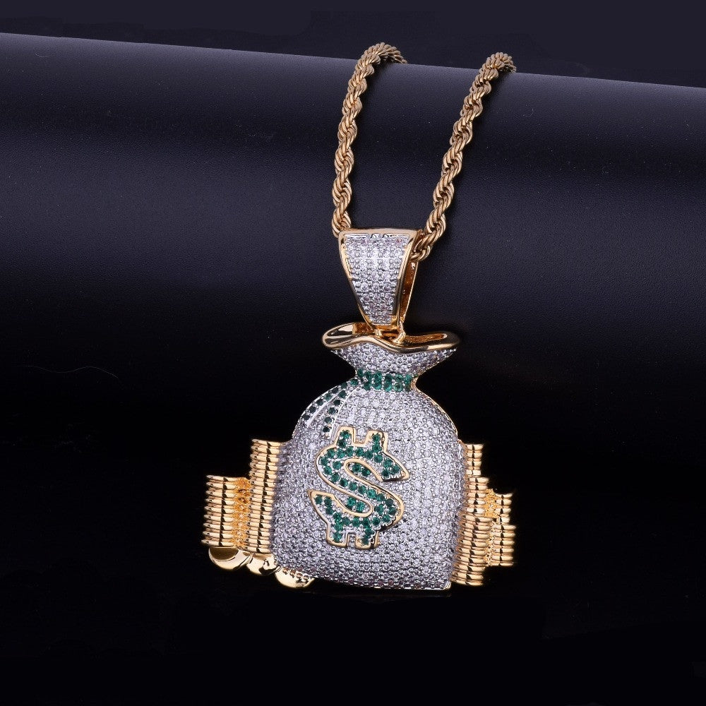 18k Gold Silver Money Bag Stack Cash Coins AAA True Micro Pave Hip