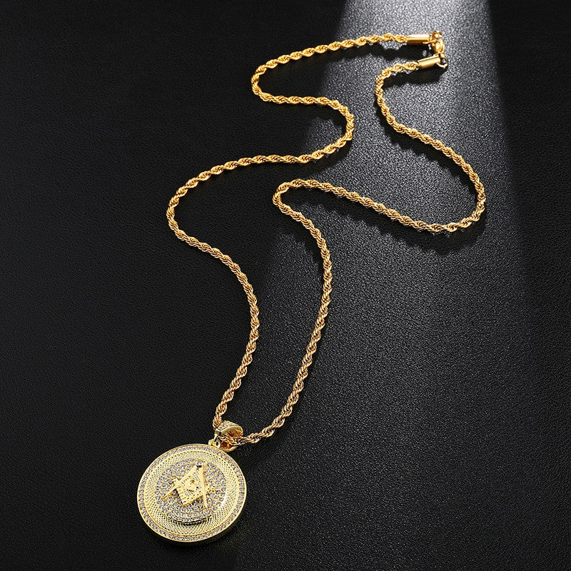 Hip Hop Flooded Ice AAA Micro Pave Stone Masonic 14k Gold Bling Pendant