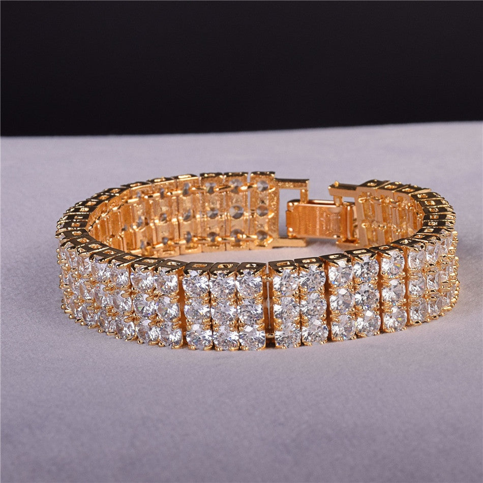 Mens 18k Gold 3 Row Flooded Ice Stone Hip Hop Pharaoh Bracelet